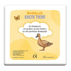 TROTSCH Bath Book features a glossy yellow cover with a cartoon duck and colorful text in German about first animals.