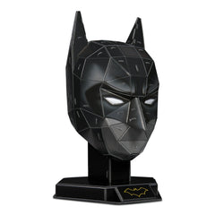 4D Build DC Batman mask puzzle model kit features a glossy black bat head with a yellow symbol, standing upright on a base.
