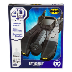 4D Build DC Batman Retro Batmobile 3D puzzle model kit featuring a black Batmobile with yellow and white accents in packaging