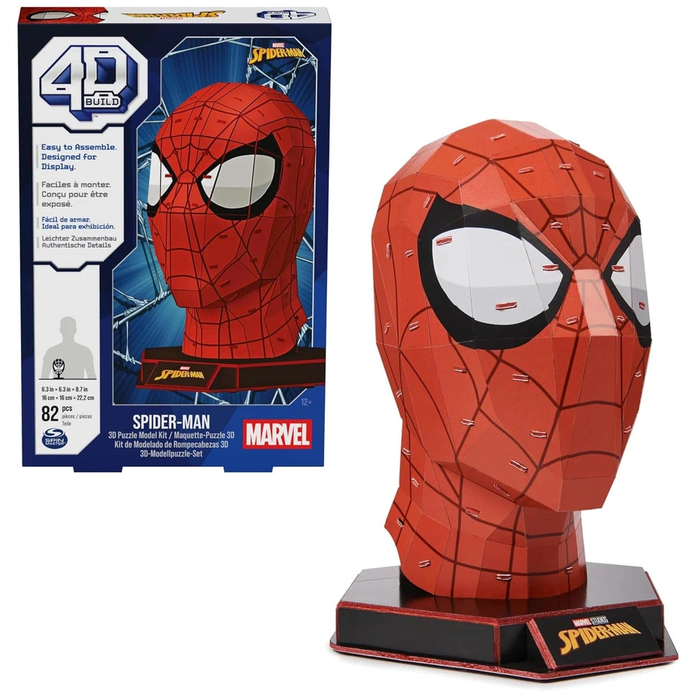 4D Build Marvel Spider-Man 3D puzzle model kit featuring a textured red mask with black accents and a glossy blue box.