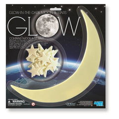 Glow in the Dark Moon & Stars packaging features white graphics of a crescent moon, stars, and planets on a black background.