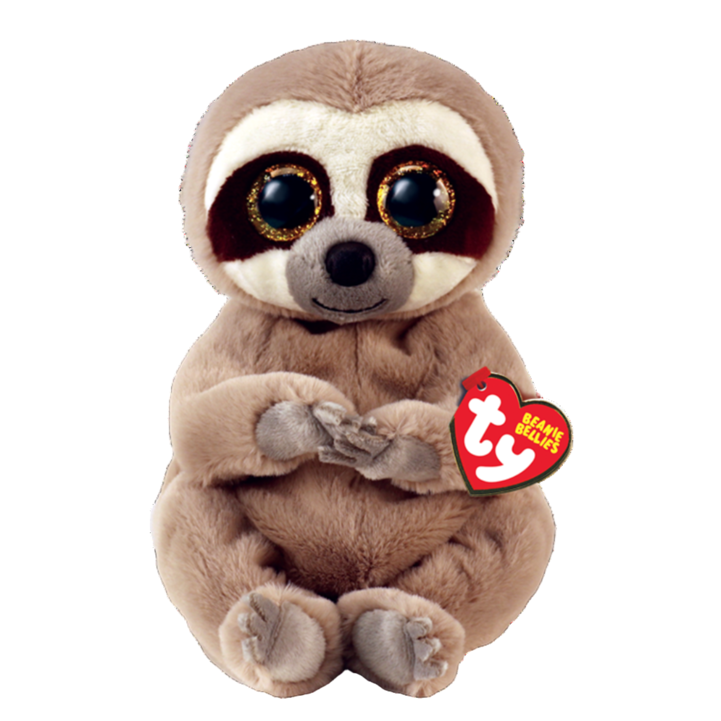 Plush sloth toy with a red tag on a white background