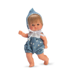 ASI Bonboncin doll wearing a blue flower dress and matching bonnet, standing gracefully with a slightly raised arm.