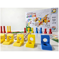 Colorful wooden airplane construction set with yellow and blue brackets, red and yellow screws, and box displaying assembly.