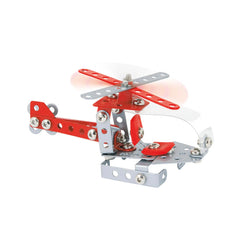 Red and silver metal helicopter model from Alexander Maly Constructor set, showcasing screws and perforated parts.