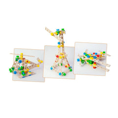 Helicopter, crane, and plane models built from colorful wooden construction set pieces with screws and nuts.