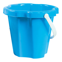 Azure blue beach bucket with scalloped rim and white handle, ideal for sand play and building sandcastles.