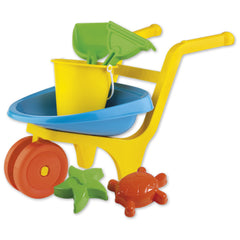 Yellow wheelbarrow with a blue tray, green shovel and rake, yellow bucket, and orange-red sand molds of a starfish and turtle.