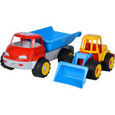 Red androni truck with blue tipper and yellow bulldozer, designed for creative play.