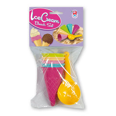 Colorful ice cream cone set with scoop in packaging, featuring pink, yellow, green cones and a yellow scoop.