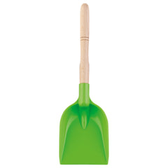 Green plastic shovel with wooden handle, 36 cm long, by Androni, ideal for beach play.