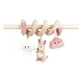 Plush spiral toy with kangaroo, star, and cloud hanging, in pink and beige.