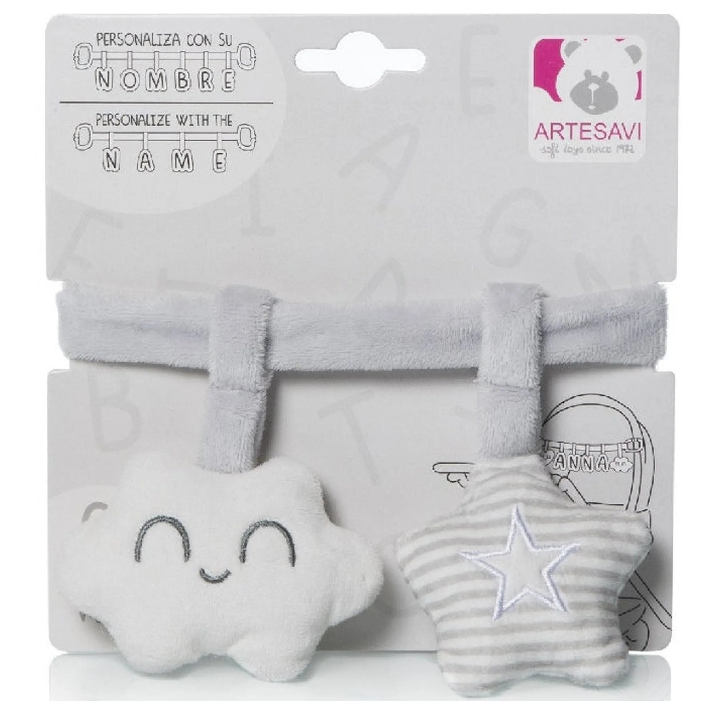 Gray plush ribbon with a smiling cloud and striped star rattle, customizable with name, by ARTESAVI.