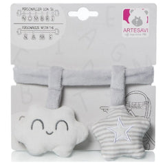 Gray plush ribbon with a smiling cloud and striped star rattle, customizable with name, by ARTESAVI.