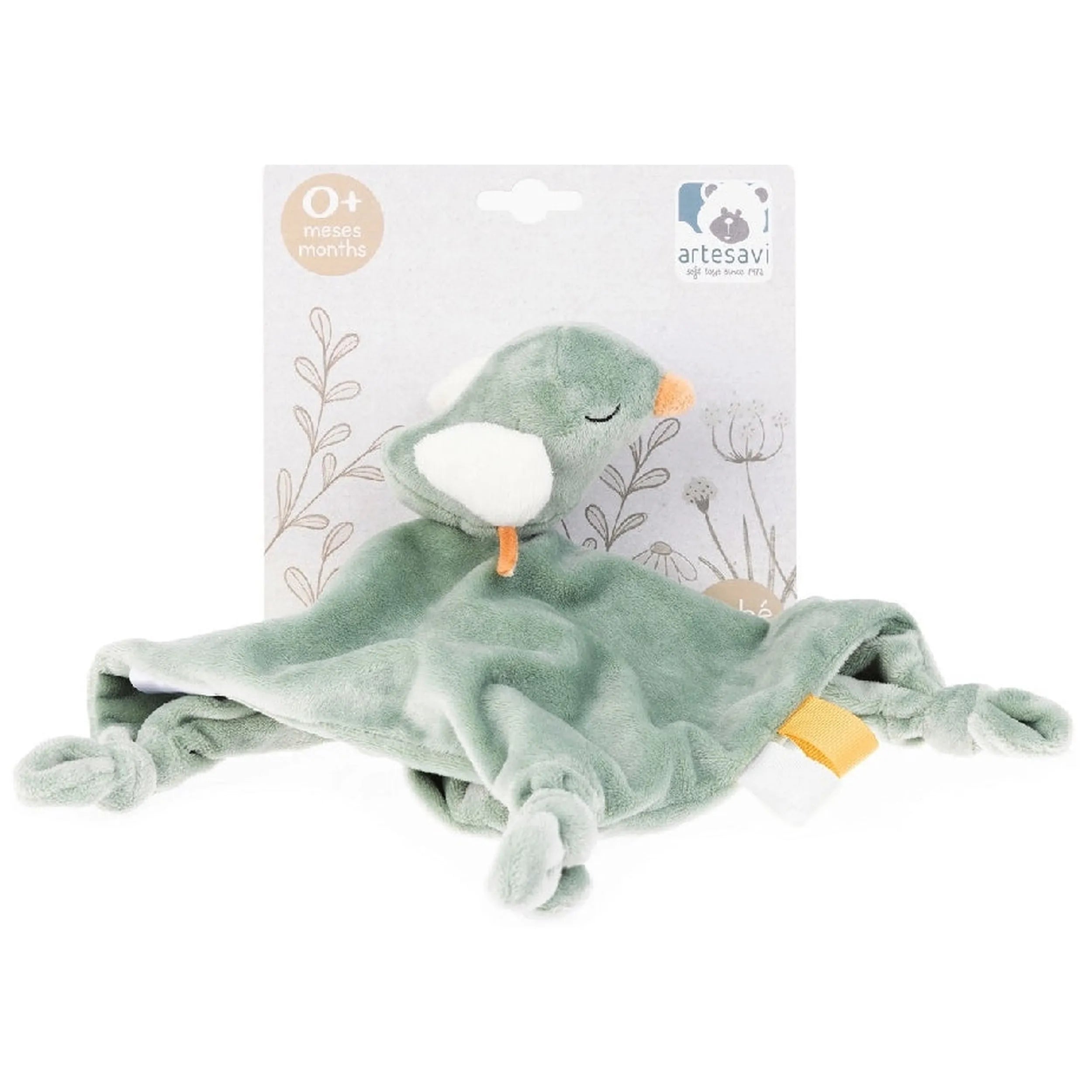 Soft pastel green bird plush with white accents, featuring a soothing design, perfect for babies.