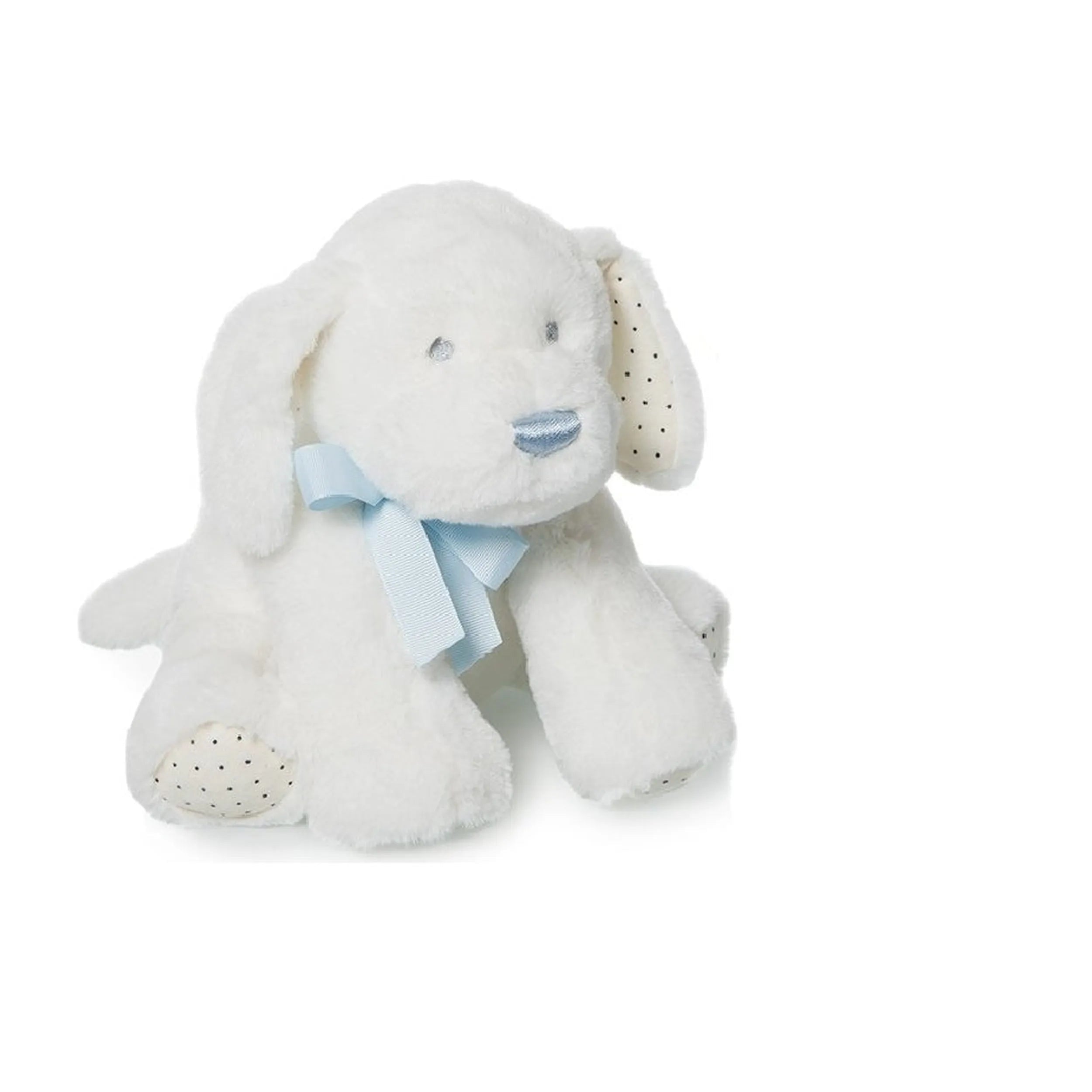 White plush dog with a blue bow and polka-dotted paws, offering a soft, cuddly companion for toddlers.