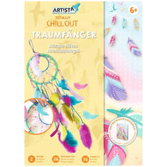Colorful dream catcher crafting kit with vibrant feathers, beads, and rings for children aged 6+, promoting creativity and decor.