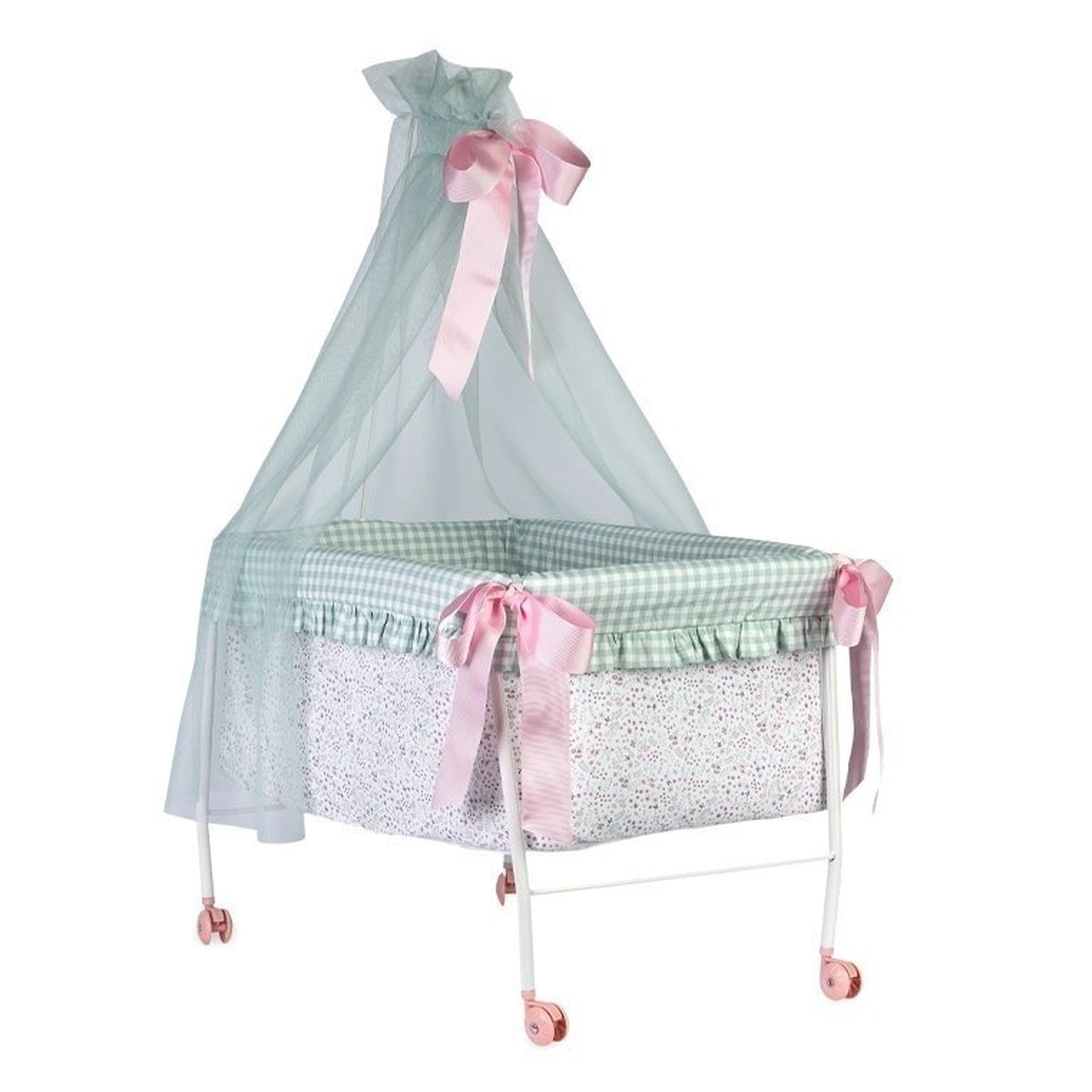 White crib with canopy, green check and floral fabric, pink ribbons and wheels, designed for Asi Dolls in the Cloe Collection.