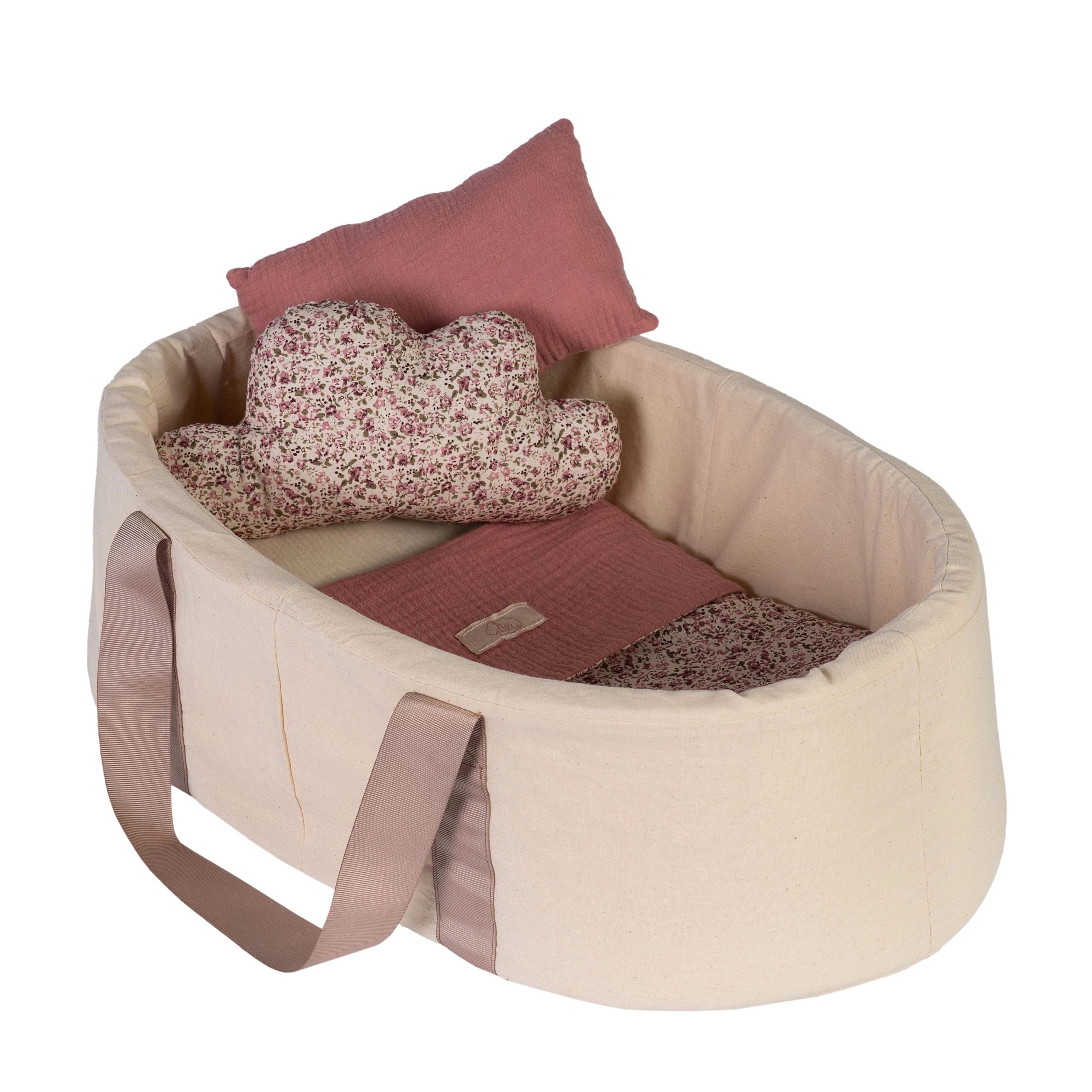 Foam carrycot for dolls with a pink pillow and floral cloud cushion inside, designed for 40-46 cm dolls.