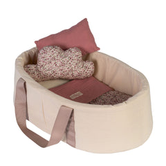 Foam carrycot for dolls with a pink pillow and floral cloud cushion inside, designed for 40-46 cm dolls.