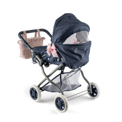 Navy blue doll stroller with a pink bow, floral diaper bag, and white wheels, designed for 36 to 46 cm dolls.