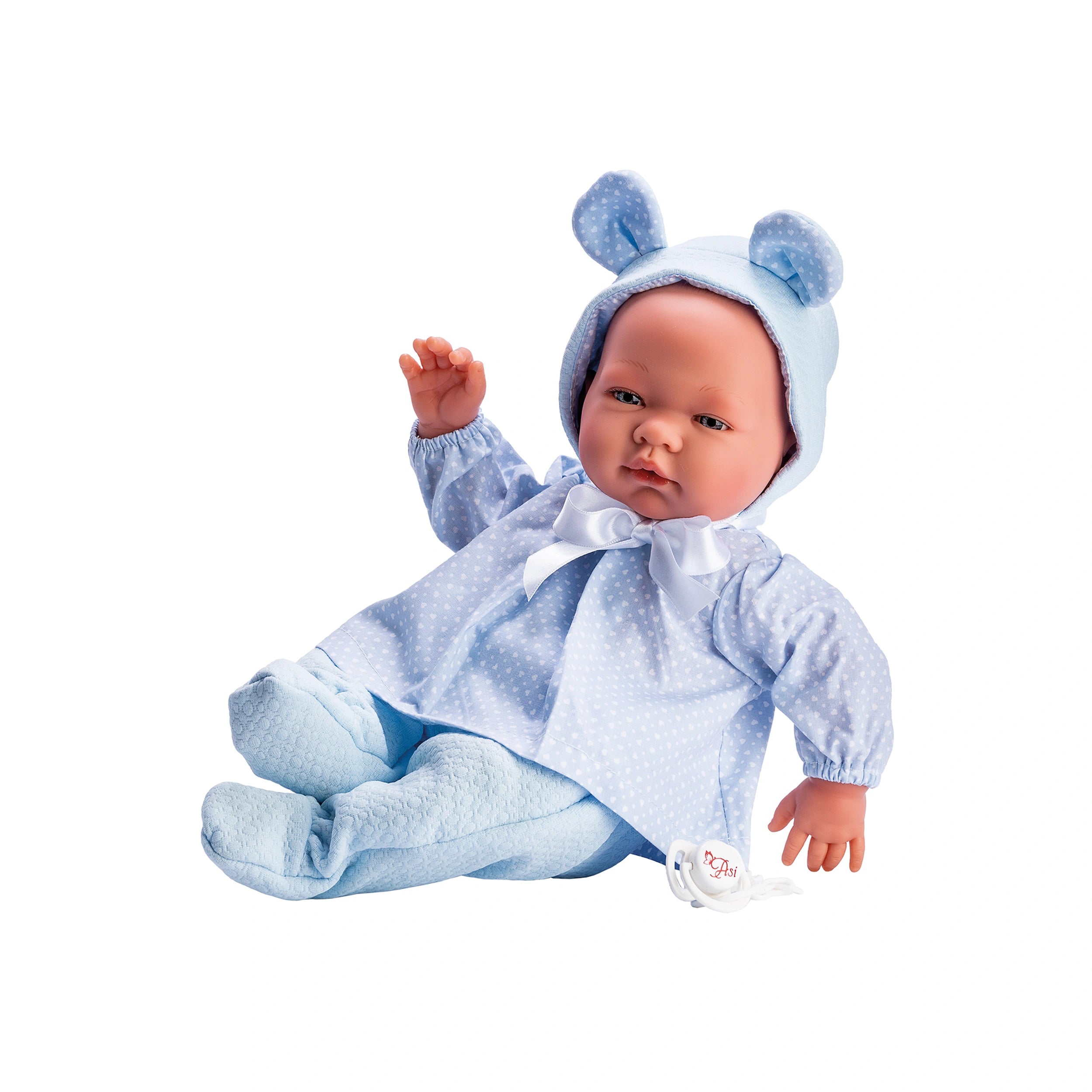Pablo doll in blue hearts dress, wearing hat with ears, posed on a white background.