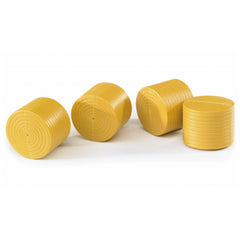 Four realistic, ochre-brown round hay bales designed for the Claas Rollant 250 toy farm set.
