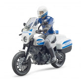 Police officer figure on a white Scrambler Ducati motorcycle toy, featuring blue accents and police markings.