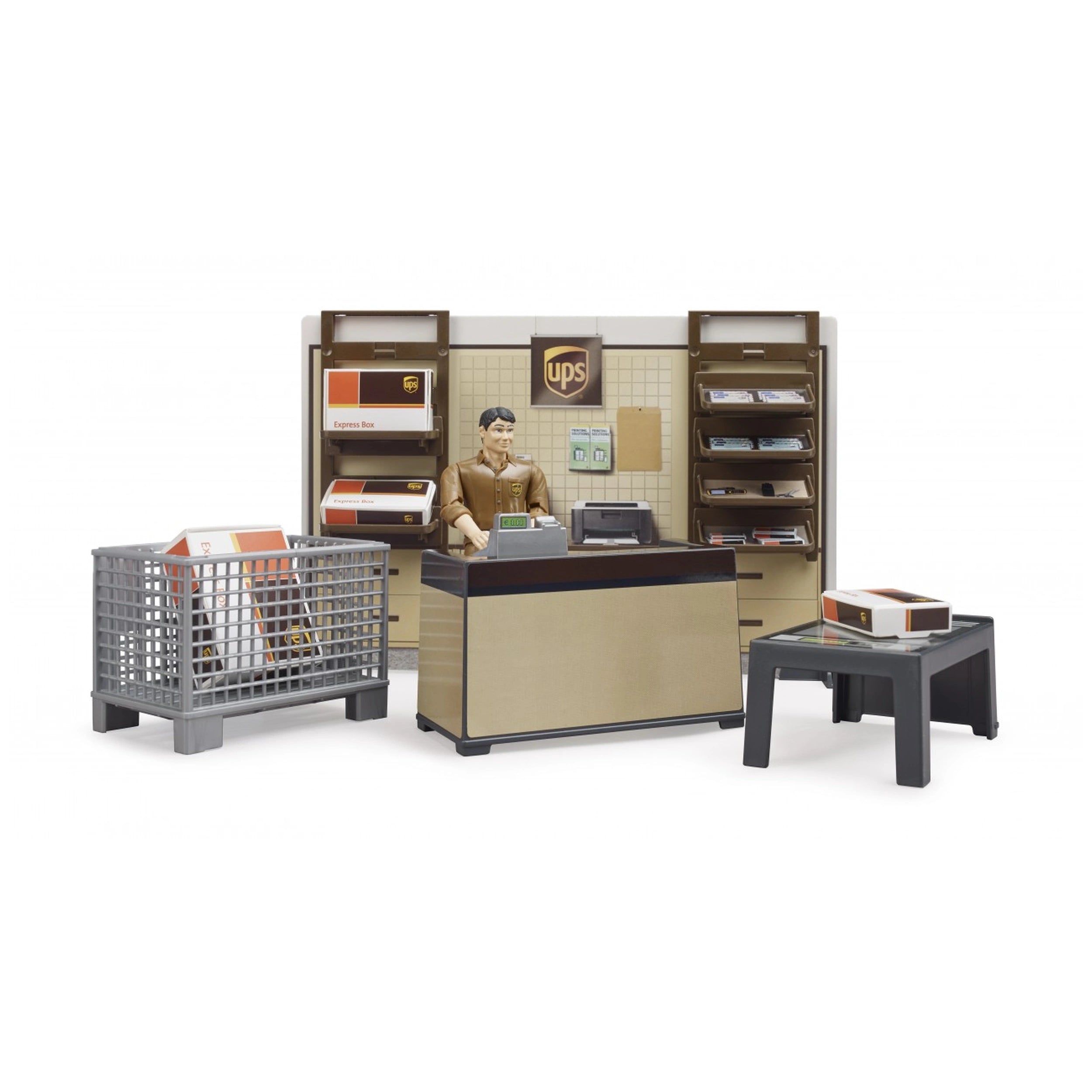UPS parcel shop playset with employee figure, counter, parcel shelves, and packages for imaginative role play.
