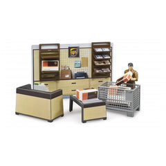 Bruder UPS parcel shop playset with figure, shelves, and packages for imaginative role-play.