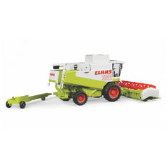 Bruder Claas Lexion 480 toy harvester, white and green with red wheels, features realistic farming details.