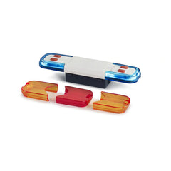 Bruder light and sound module with blue, red, and orange covers for toy trucks.