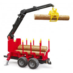 Red forestry trailer toy with loading crane gripping a log, featuring realistic wooden trunks and functional wheels.