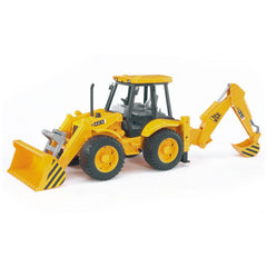 Yellow Bruder JCB 4CX backhoe loader toy with functional front loader and backhoe arm on large black wheels.