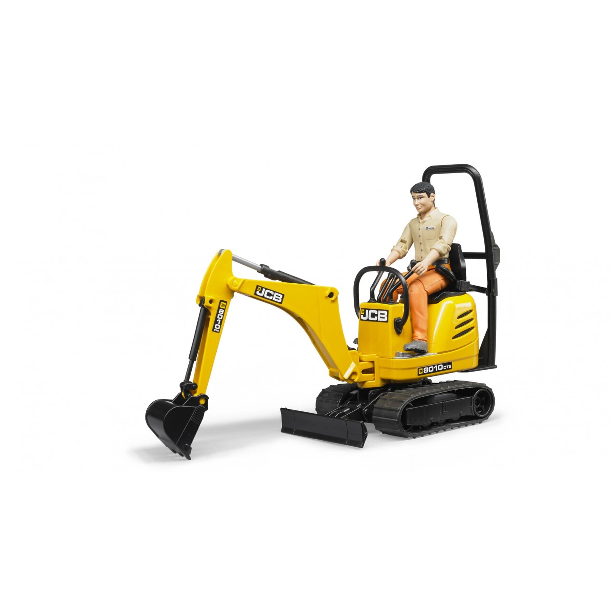 Yellow JCB Micro Excavator toy with detailed construction worker figure on top.