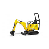 Yellow Bruder JCB Micro Excavator toy with black tracked chassis and swiveling arm, ideal for young builders.