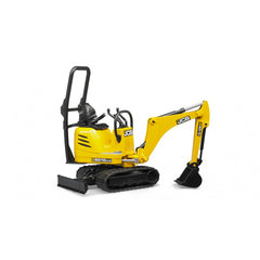 Yellow Bruder JCB Micro Excavator 8010 CTS toy with a swiveling arm and tracked chassis. Ideal for young builders.
