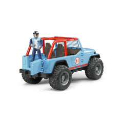 Blue Jeep Cross Country Racer toy with driver figurine, featuring rugged tires and a red roll cage.