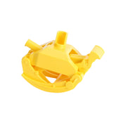 Yellow plastic crane grabber attachment for Bruder forestry tractor, featuring a rounded, open mechanism.