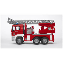 Red toy fire engine with extendable ladder and detailed controls on the side, designed for imaginative play.