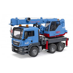 Blue Bruder MAN TGS crane truck toy with red accents, detailed cab, and functional crane arm, perfect for imaginative play.