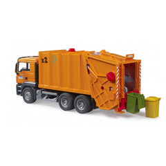 Orange Bruder MAN TGS garbage truck toy with green and yellow bins, featuring realistic details and functional rear loading.