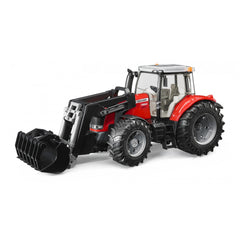 Red toy tractor with front loader, realistic tread tires, and detailed cabin, resembling a Massey Ferguson 7624.