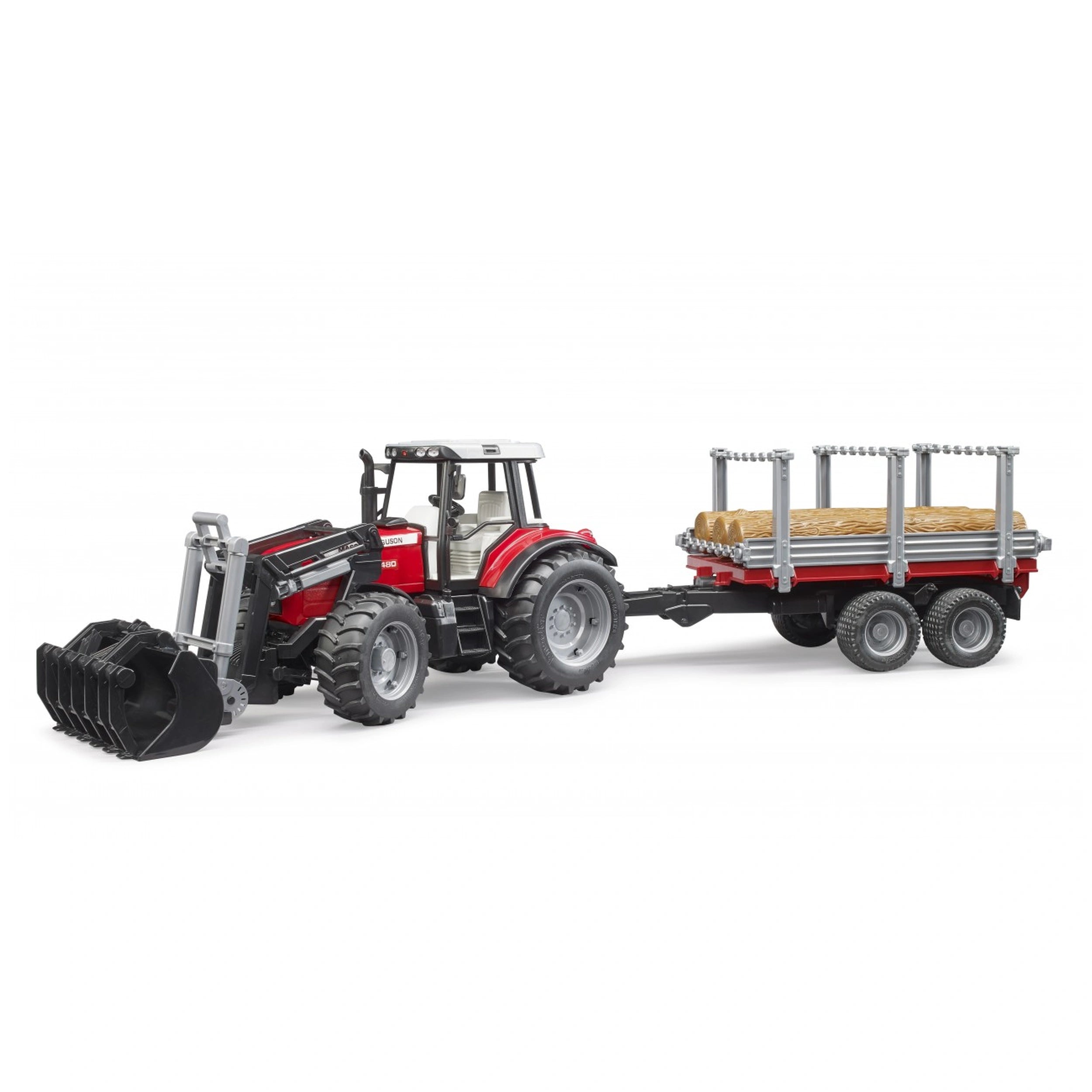 Red Massey Ferguson tractor with front loader and timber trailer, featuring realistic design and details.