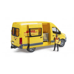 Yellow DHL delivery van toy with open door, driver holding package, showcasing interior cargo area with basket.