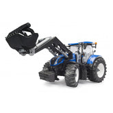 Blue and black toy tractor with slip-on front loader, modeled after New Holland T7.315, 1:16 scale.