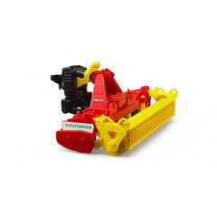 Colorful Bruder Pöttinger Lion 3002 Rotary Harrow toy, featuring red and yellow details with a black connector.