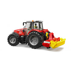 Red toy tractor with a Pöttinger Lion 3002 rotary harrow attachment, featuring large black tires and a yellow harrow.
