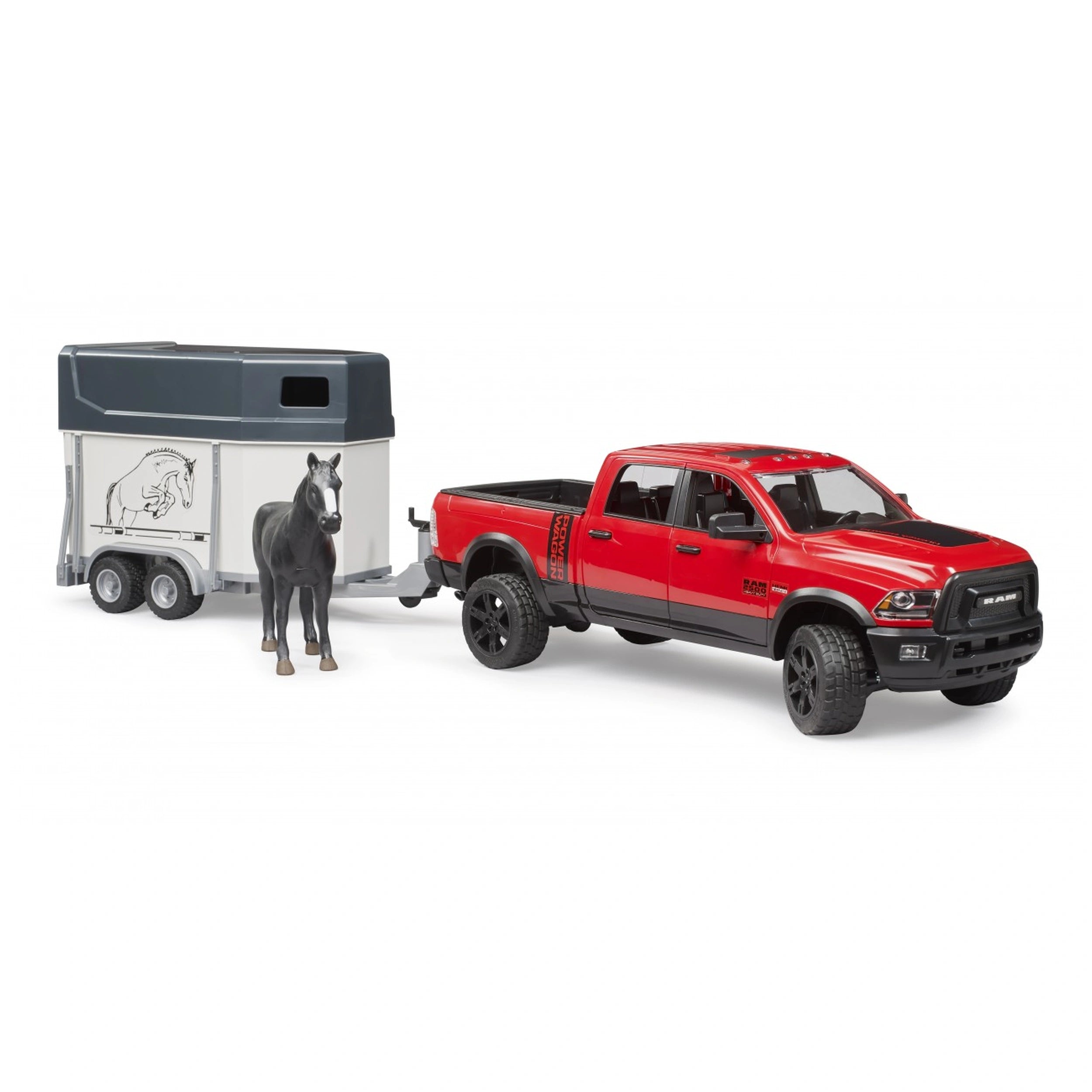 Red Bruder RAM 2500 Power Wagon toy with horse trailer and black horse.