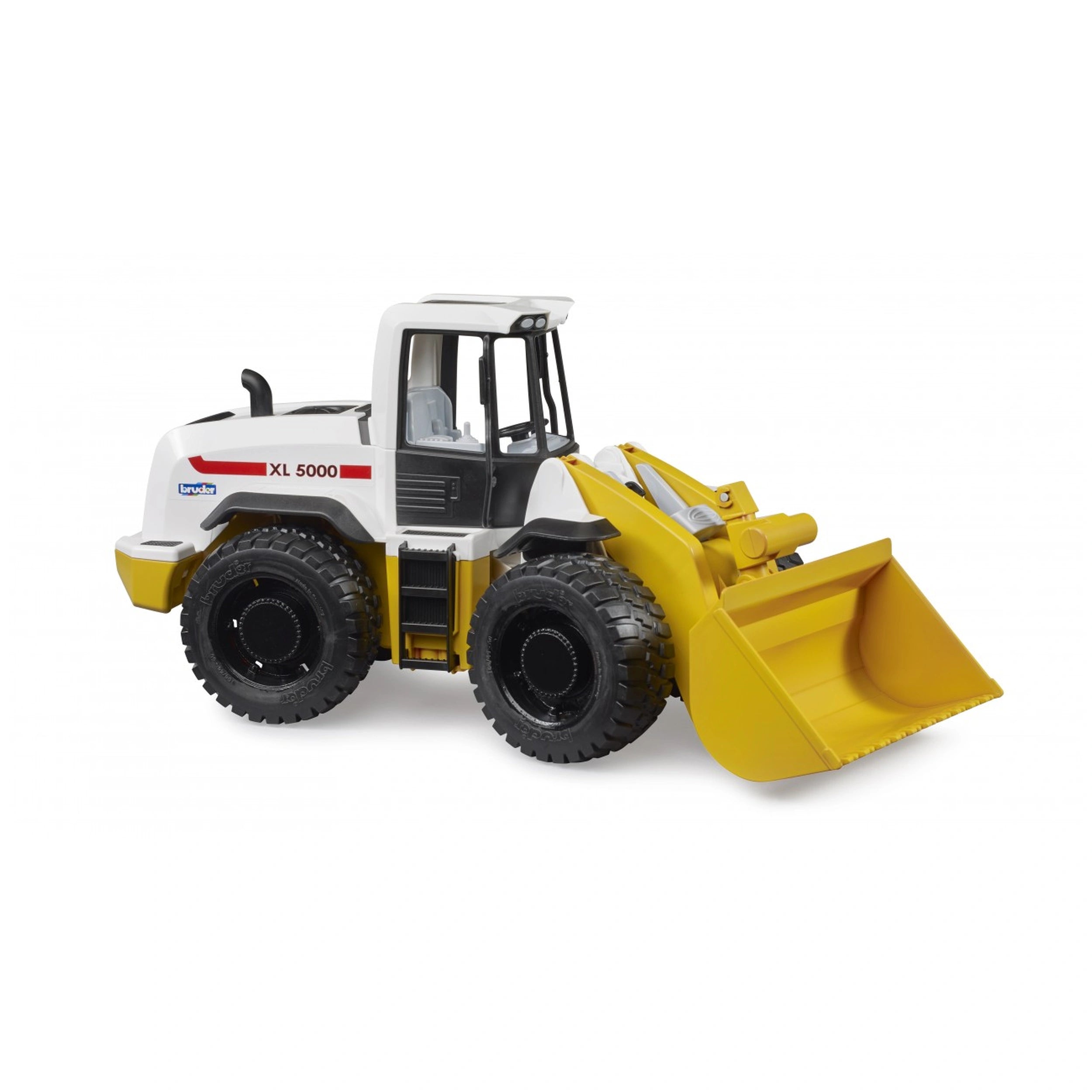 Yellow and white Bruder ROADMAX Wheel Loader toy with black tread tires on a white background.